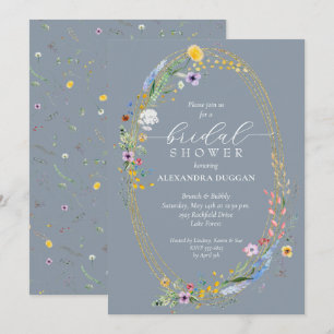 Chic Wildflower Wreath Dusty Blue Bridal Shower Invitation