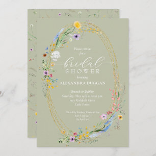 Chic Wildflower Wreath Sage Green Bridal Shower Invitation