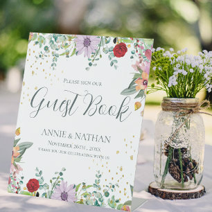Chic Wildflowers Guest Book Wedding Day Floral Pedestal Sign