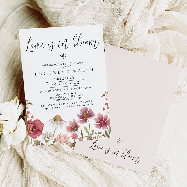 Chic Wildflowers Love is in Bloom Bridal Shower Invitation (Sweet wildflower themed love is in bloom bridal shower invitation with a modern calligraphy heading)