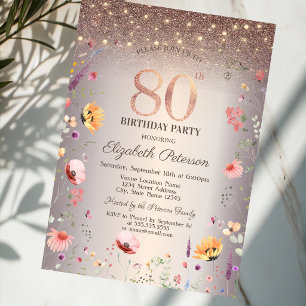 Chic Wildflowers String Lights 80th Birthday Invitation