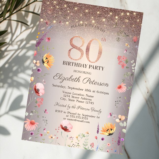 Chic Wildflowers String Lights 80th Birthday   Invitation (Creator Uploaded)