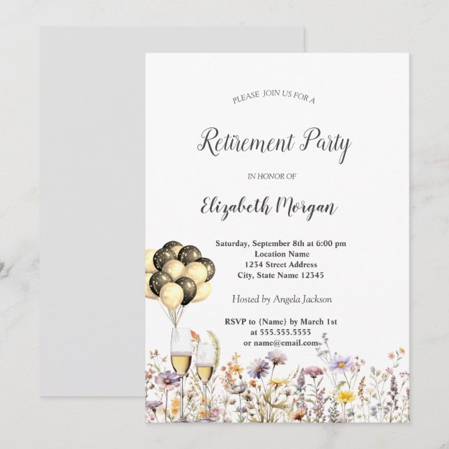 Chic Wildflowers  Wine Glas Ballons Retirement  Invitation (Front/Back)