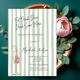 Chic Wine Glass Confetti Green Striped  Invitation