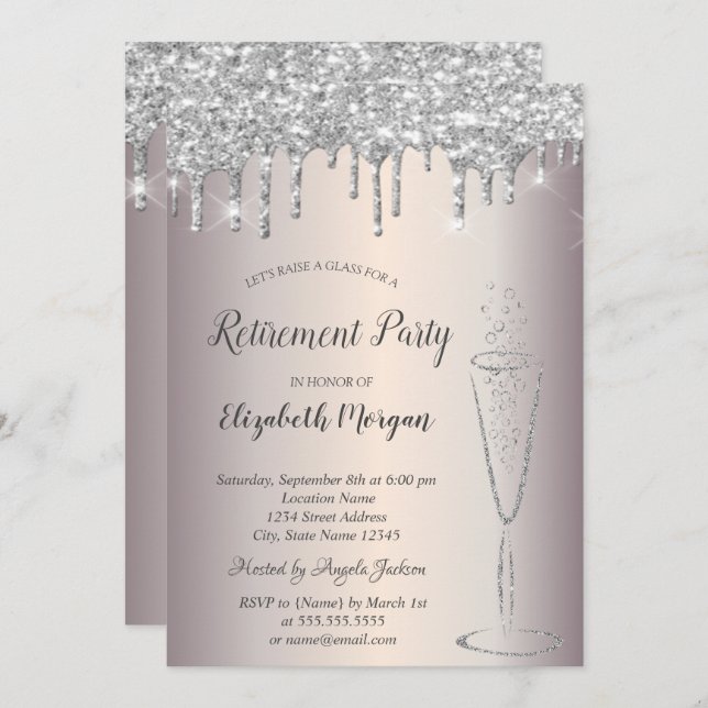 Chic Wine Glass Silver Glitter Drops Retirement  Invitation (Front/Back)