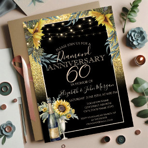 Chic Wine,Glass, Sunflowers Anniversary Invitation