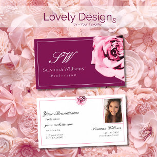 Chic Wine Red and White Pink Rose Initials Photo Business Card