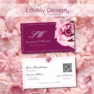 Chic Wine Red and White Pink Rose Initials QR Code Business Card
