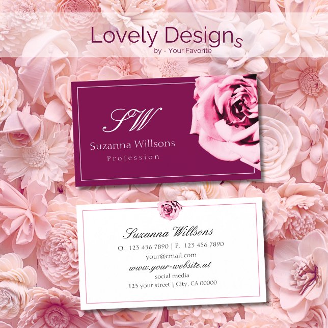 Chic Wine Red and White Pink Rose with Initials Business Card (Creator Uploaded)
