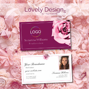 Chic Wine Red and White Pink Rose with Logo Photo Business Card