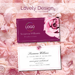 Chic Wine Red and White Pink Rose with Logo Simple Business Card