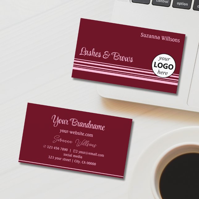 Chic Wine Red Pink Stripes with Logo Professional Business Card (Creator Uploaded)