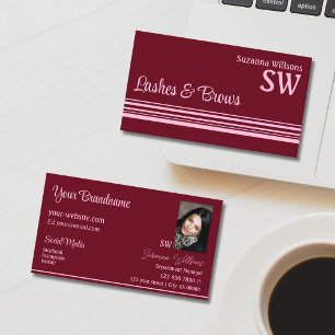 Chic Wine Red Pink Stripes with Monogram and Photo Business Card