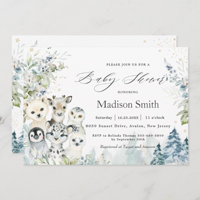 Chic Winter Arctic Alpine Animals Baby Shower Invitation (Front/Back)