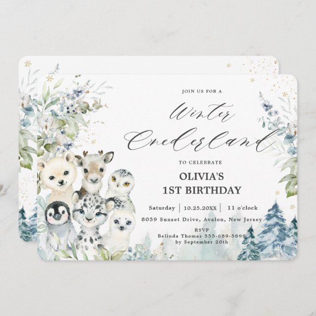 Chic Winter Arctic Animals Onederland 1st Birthday Invitation (Front/Back)