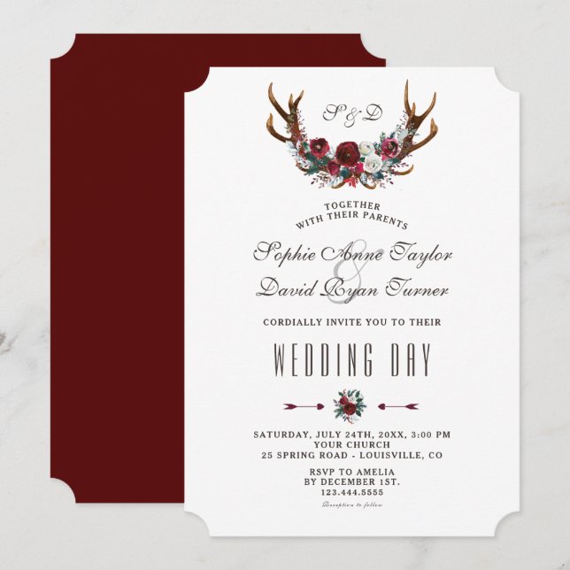Chic Winter Burgundy Floral Antlers Gold Wedding Invitation (Front/Back)