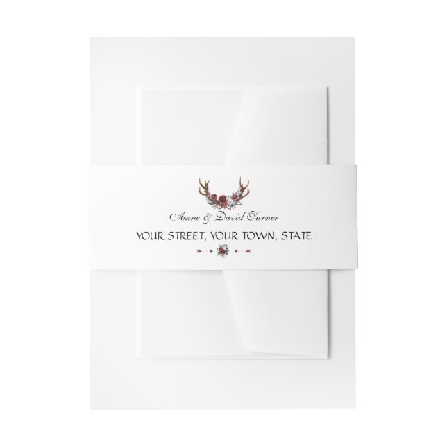 Chic Winter Burgundy Floral Antlers Wedding Invitation Belly Band (Front Example)