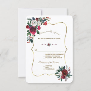Chic Winter Burgundy Floral Pine Gold Wedding RSVP Card
