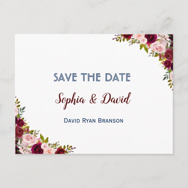 Chic Winter Burgundy Marsala Floral SAVE THE DATE Announcement Postcard (Front)
