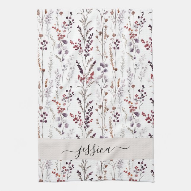 Chic winter flowers script name  tea towel (Vertical)