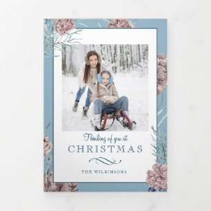 Chic Winter Holiday Pine on Blue Background Tri-Fold Card