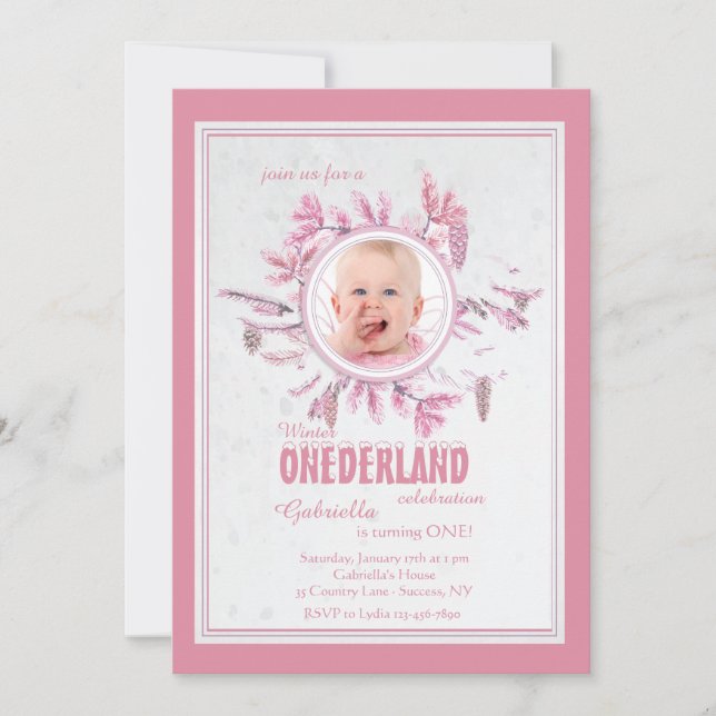 Chic Winter Photo Invitation Pink (Front)