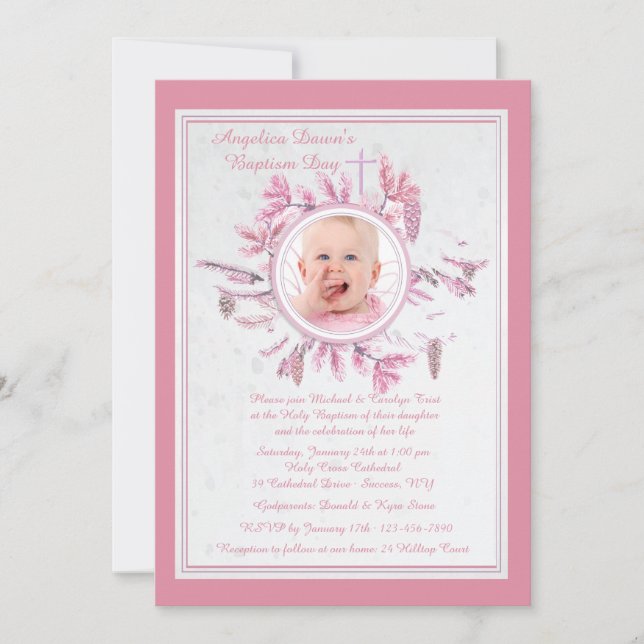 Chic Winter Religious Photo Invitation Pink (Front)