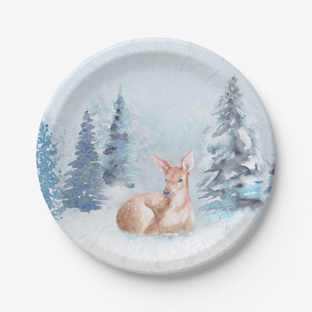 Chic Winter Watercolor Deer in Forest Paper Plate (Front)