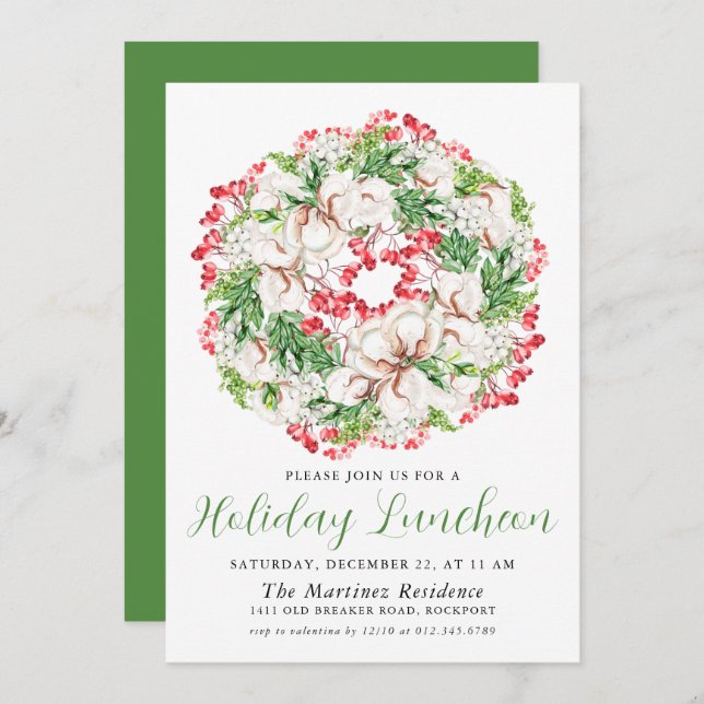 Chic Winter Watercolor Wreath Holiday Luncheon Invitation (Front/Back)