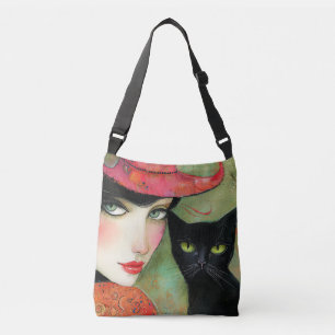 Chic Woman and Black Cat Crossbody Bag