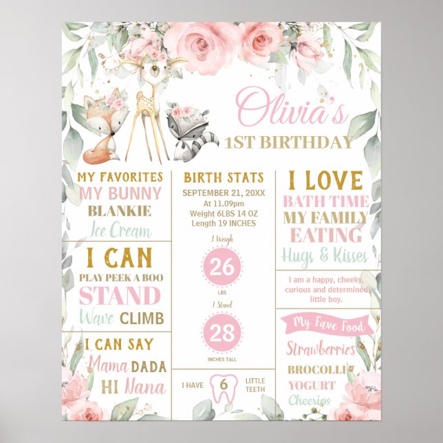 Chic Woodland 1st Birthday Milestone Birth Stats  Poster (Front)
