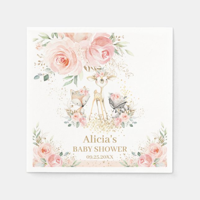 Chic Woodland Animals Blush Floral Baby Shower Napkin (Front)
