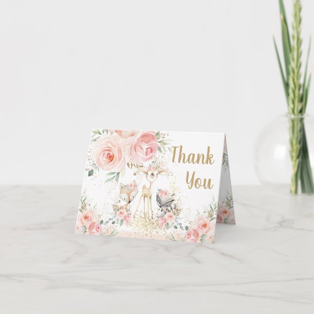 Chic Woodland Animals Blush Floral Baby Shower Thank You Card (Front)