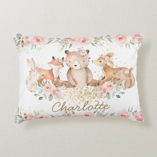 Chic Woodland Animals Blush Floral New Baby Girl Decorative Cushion (Front)