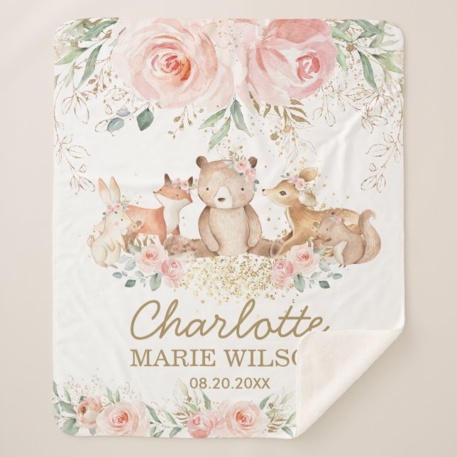 Chic Woodland Animals Blush Floral New Baby Girl Sherpa Blanket (Front)