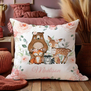 Chic Woodland Animals Blush Pink Floral Nursery  Cushion