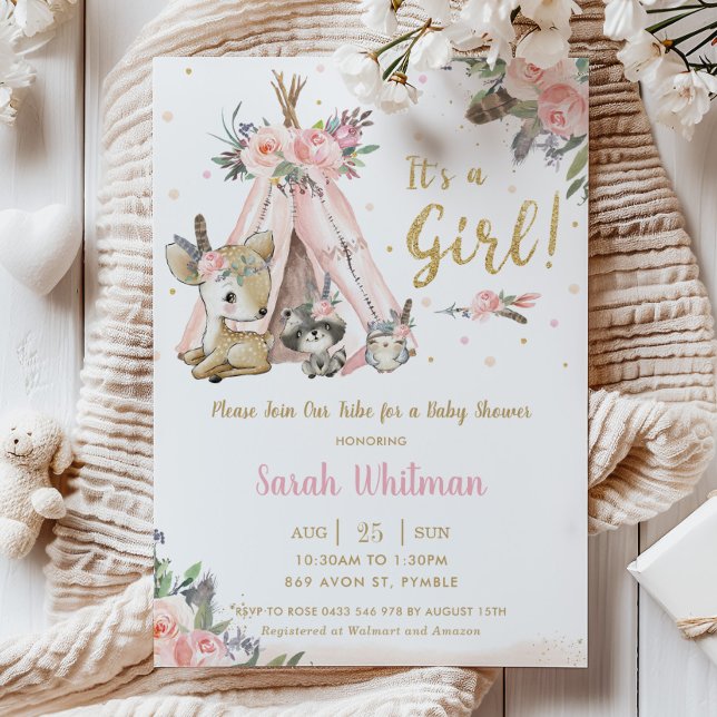 Chic Woodland Animals Boho Tribal Girl Baby Shower Invitation (blush-floral-boho-tribal-woodland-animals-deer-owl-raccoon-girl-baby-shower-invitation-cards-prints)