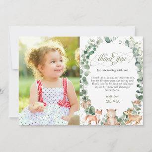 Chic Woodland Animals Greenery 1st Birthday Photo  Thank You Card