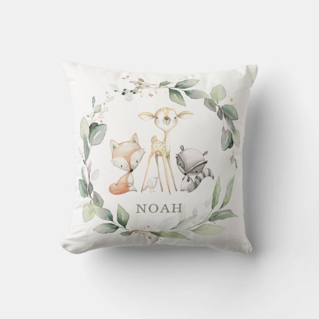 Chic Woodland Animals Greenery Baby Nursery Cushion (Front)