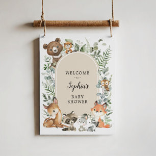 Chic Woodland Animals Greenery Baby Shower Welcome Poster