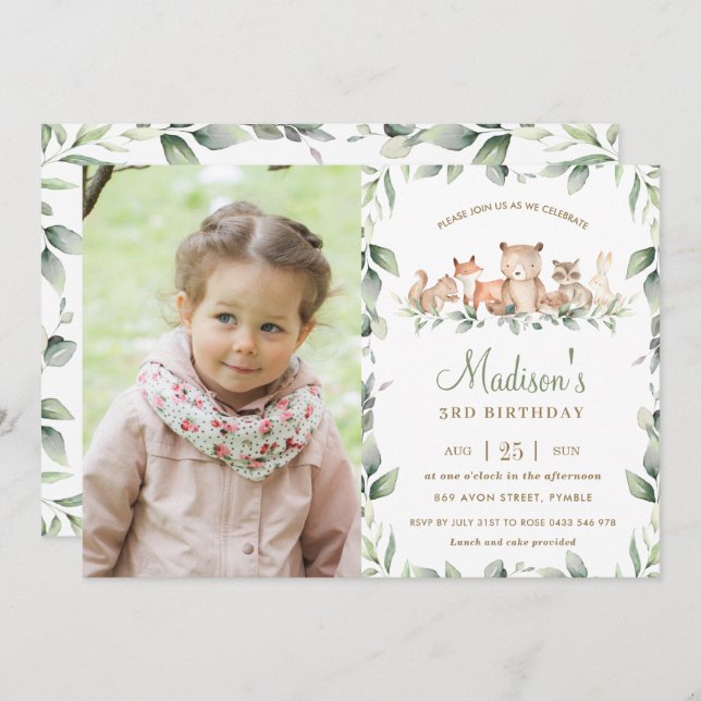 Chic Woodland Animals Greenery Birthday Photo Invitation (Front/Back)