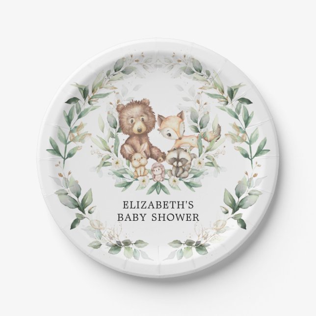 Chic Woodland Animals Greenery Forest Baby Shower Paper Plate (Front)