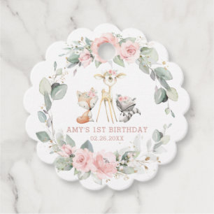 Chic Woodland Animals Pink Floral 1st Birthday Favour Tags