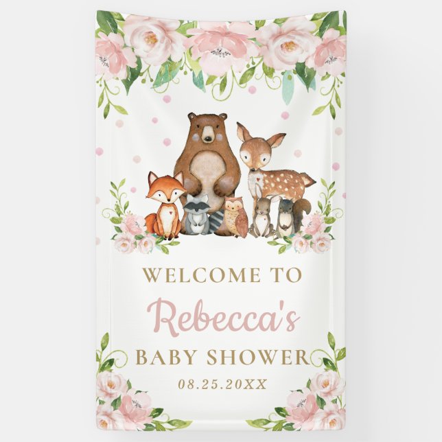 Chic Woodland Animals Pink Floral Backdrop Welcome Banner (Vertical)