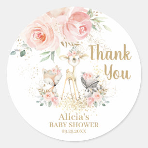 Chic Woodland Animals Pink Floral Thank You Favour Classic Round Sticker
