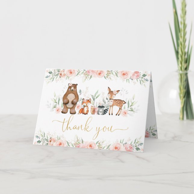 Chic Woodland Animals Soft Blush Pink Floral Thank You Card (Front)