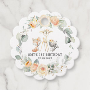 Chic Woodland Animals Yellow Floral 1st Birthday  Favour Tags