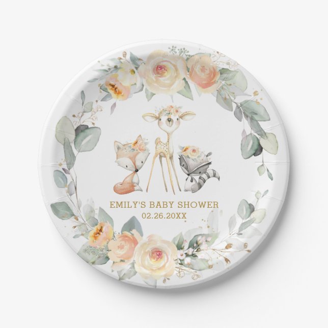 Chic Woodland Animals Yellow Floral Baby Shower Paper Plate (Front)