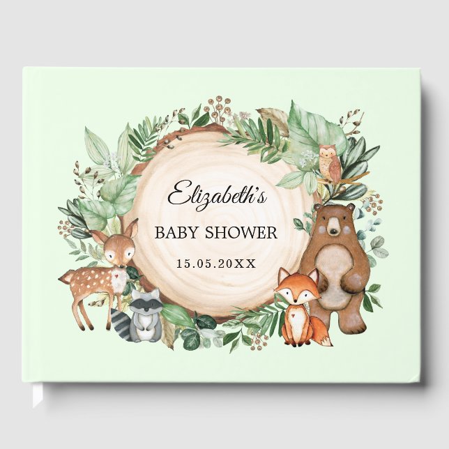 Chic Woodland Forest Animals Greenery Baby Shower Guest Book (Front)