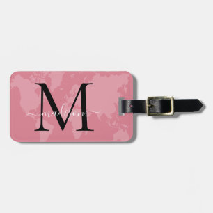 Chic World Traveller Map Pink Monogram Name Script Luggage Tag